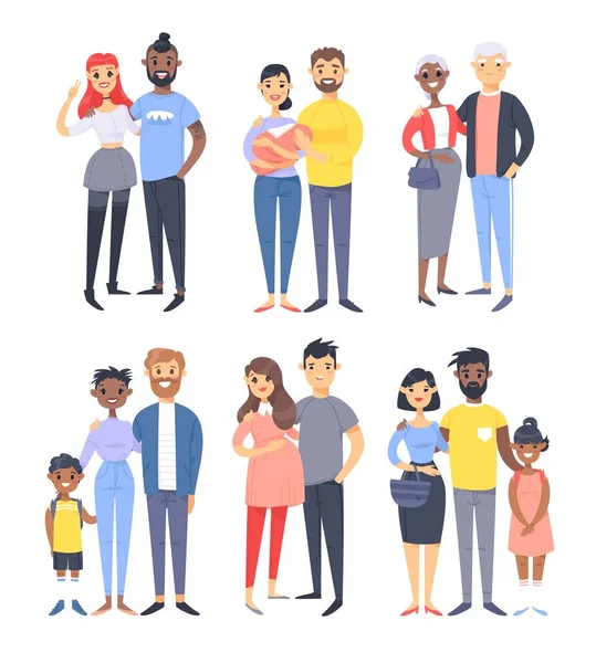 Set of different couples and families. Cartoon style people of different races, nationalities (white, black and asian), ages (young and elderly), with baby, boy, girl, pregnant woman — Stock Vector