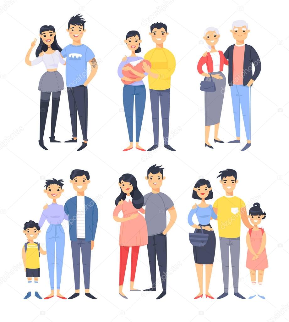 Set of different asian couples and families. Cartoon style people of different ages (young and elderly), with baby, boy, girl, pregnant woman