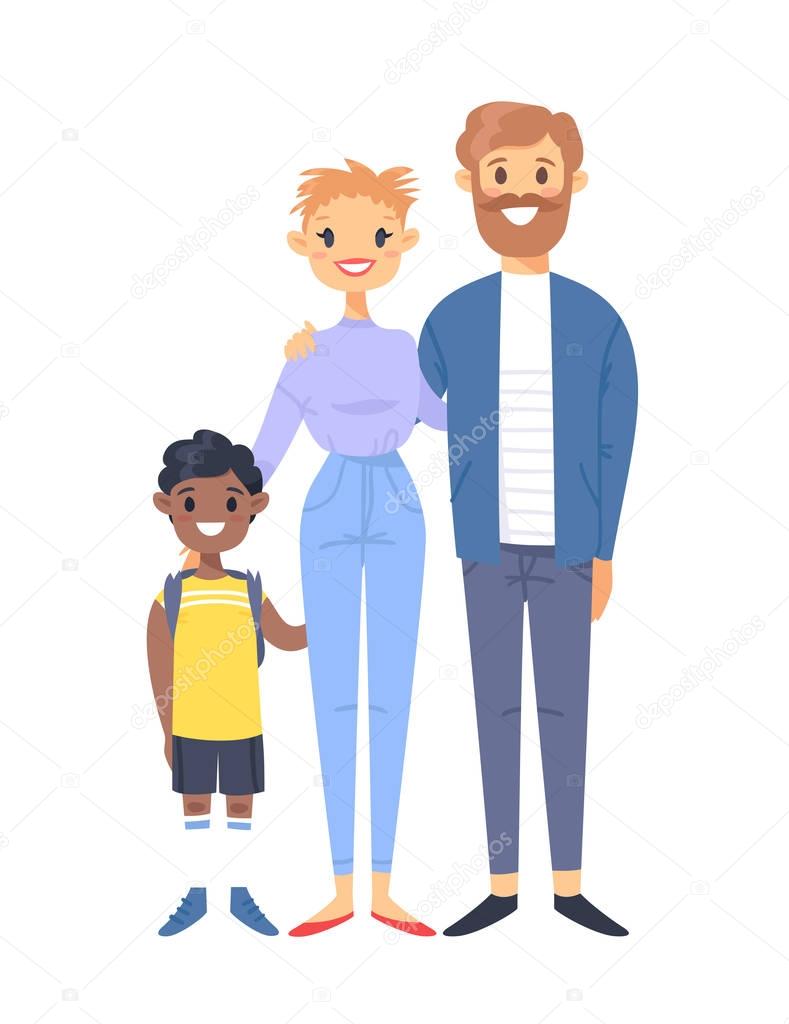 Young couple with son. Hand drawn woman, man and adopted asian boy. Flat style vector illustration family. Cartoon characters isolated on white background