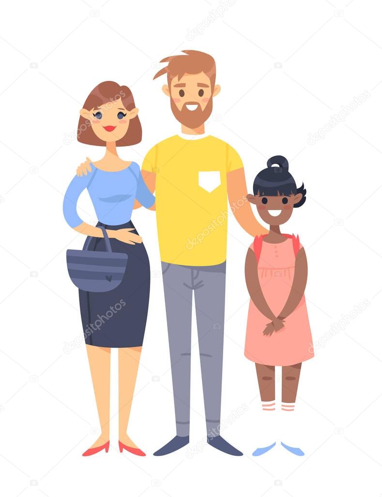 Young couple with daughter. Hand drawn woman, man and adopted black girl. Flat style vector illustration family. Cartoon characters isolated on white background