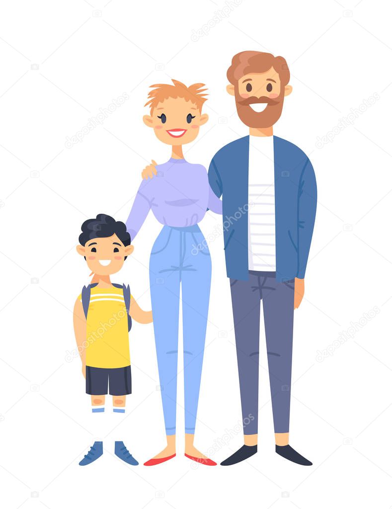 Young couple with son. Hand drawn woman, man and adopted asian boy. Flat style vector illustration family. Cartoon characters isolated on white background