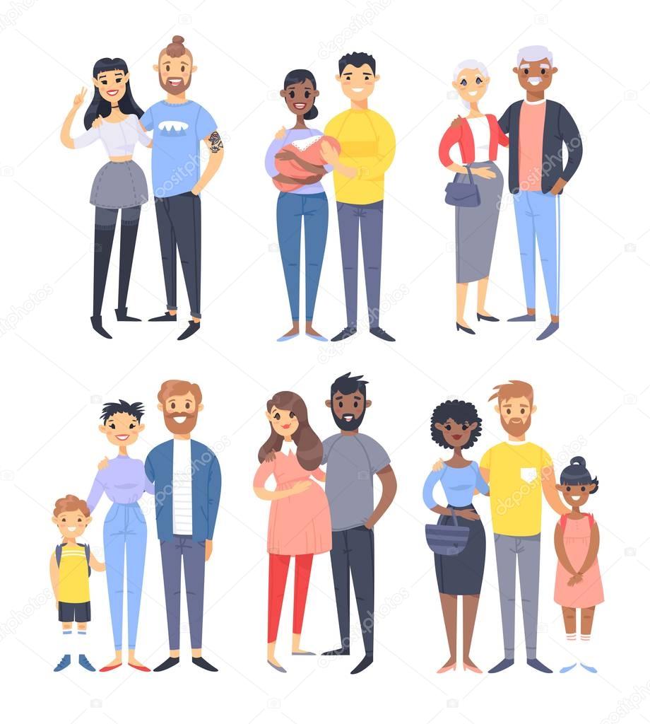 Set of different couples and families. Cartoon style people of different races, nationalities (white, black and asian), ages (young and elderly), with baby, boy, girl, pregnant woman