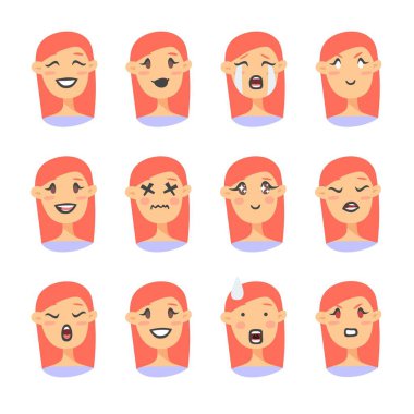 Emoji karakter kümesi. Karikatür tarzı duygu simgeler. Holopunk kızlar avatarlar farklı yüz ifadeleri ile izole. İllüstrasyon kadın duygusal yüzleri düz. Elle çizilmiş vektör asit ifade