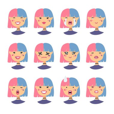 Emoji karakter kümesi. Karikatür tarzı simgeleri. Holopunk kızlar avatarlar farklı yüz ifadeleri ile izole. Resimde Asyalı kadınların duygusal yüzleri düz. Elle çizilmiş vektör asit ifade