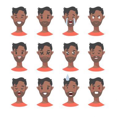 Erkek emoji karakter kümesi. Karikatür tarzı duygu simgeler. Siyah erkek avatarları farklı yüz ifadeleri ile izole. Düz illüstrasyon mens duygusal yüzleri. Elle çizilmiş vektör