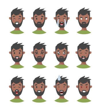 Erkek emoji karakter kümesi. Karikatür tarzı duygu simgeler. Siyah erkek avatarları farklı yüz ifadeleri ile izole. Düz illüstrasyon mens duygusal yüzleri. Elle çizilmiş vektör