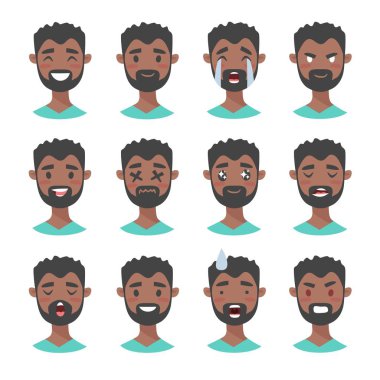 Erkek emoji karakter kümesi. Karikatür tarzı duygu simgeler. Siyah erkek avatarları farklı yüz ifadeleri ile izole. Düz illüstrasyon mens duygusal yüzleri. Elle çizilmiş vektör