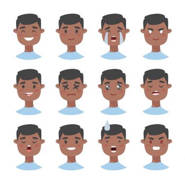 Bir grup erkek emoji karakteri. Çizgi film tarzı duygu simgeleri. İzole edilmiş çocuklar farklı yüz ifadeleri olan avatarlar. Düz resimli erkeklerin duygusal yüzleri. El çizimi vektör simgesi 
