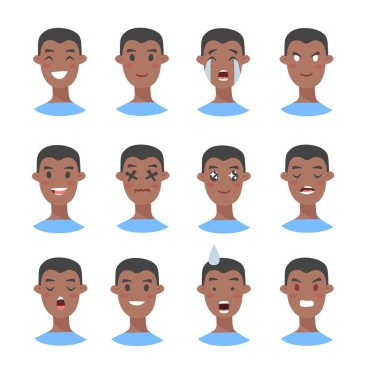 Bir grup erkek emoji karakteri. Çizgi film tarzı duygu simgeleri. İzole edilmiş çocuklar farklı yüz ifadeleri olan avatarlar. Düz resimli erkeklerin duygusal yüzleri. El çizimi vektör simgesi 