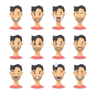 Erkek emoji karakter kümesi. Karikatür tarzı duygu simgeler. Farklı yüz ifadeleri ile izole erkek avatarları. Düz illüstrasyon insanlar duygusal yüzleri. Vektör çizim ifade el çekilmiş
