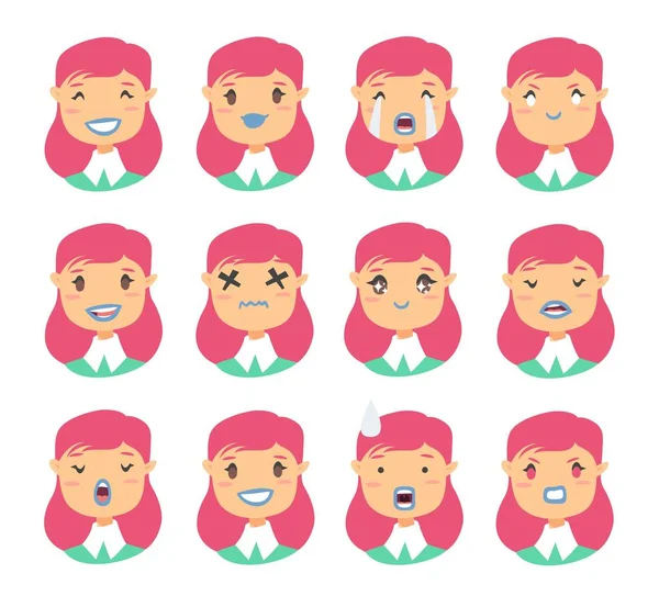 Conjunto de personajes emoji. Iconos de emoción estilo dibujos animados. Aislado niñas holopunk avatares con diferentes expresiones faciales. Ilustración plana caras emocionales de las mujeres. Emoticono ácido vectorial dibujado a mano — Vector de stock