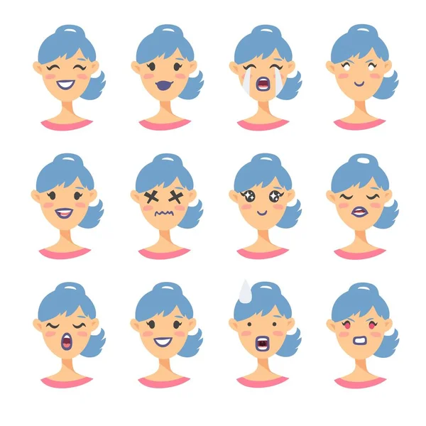 Conjunto de personajes emoji. Iconos de emoción estilo dibujos animados. Aislado niñas holopunk avatares con diferentes expresiones faciales. Ilustración plana caras emocionales de las mujeres. Emoticono ácido vectorial dibujado a mano — Vector de stock