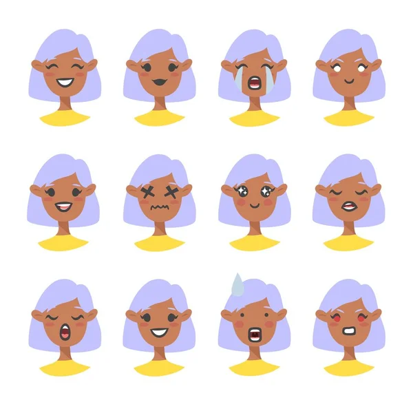 Conjunto de personajes emoji. Iconos de emoción estilo dibujos animados. Aislado niñas holopunk avatares con diferentes expresiones faciales. Vector ácido dibujado a mano . — Vector de stock