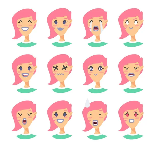 Set emoji tekens. Cartoon stijl emotie iconen. Geïsoleerde holopunk meisjes avatars met verschillende gezichtsuitdrukkingen. Vlakke afbeelding vrouwen emotionele gezichten. Hand getekende vector zure emoticon — Stockvector