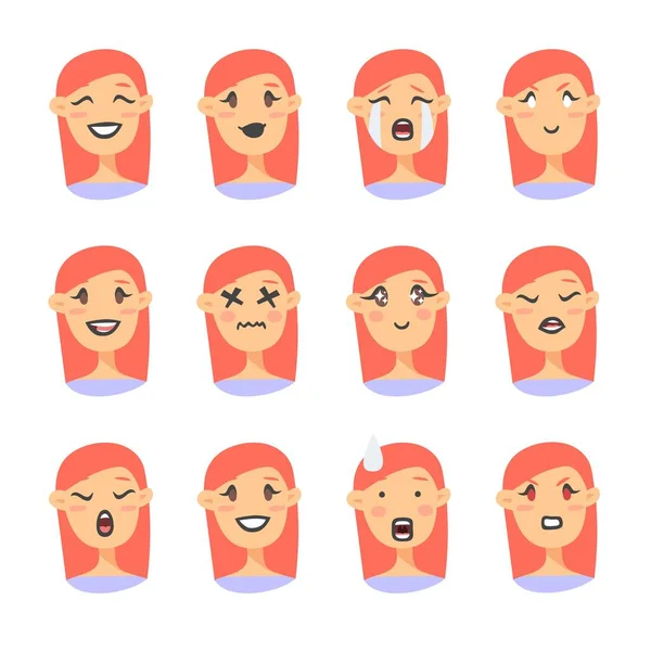 Σετ από emoji χαρακτήρες. Καρτούν στυλ εικόνες συγκίνηση. Απομονωμένες holopunk κορίτσια είδωλα με διαφορετικές εκφράσεις του προσώπου. Επίπεδη απεικόνιση γυναικών συναισθηματική αντιμετωπίζει. Χέρι συρμένο διάνυσμα οξύ φατσούλα — Διανυσματικό Αρχείο