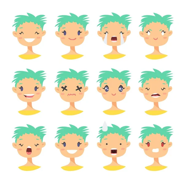 Set emoji tekens. Cartoon stijl emotie iconen. Geïsoleerde holopunk meisjes avatars met verschillende gezichtsuitdrukkingen. Vlakke afbeelding vrouwen emotionele gezichten. Hand getekende vector zure emoticon — Stockvector