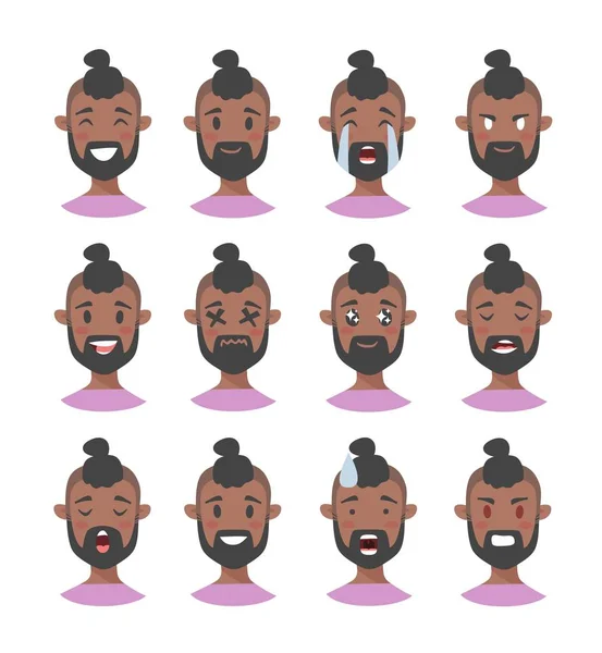 Conjunto de personagens emoji masculinos. Ícones de emoção estilo desenhos animados. Meninos negros isolados avatares com diferentes expressões faciais. Ilustração plana mens rostos emocionais. Vetor desenhado à mão — Vetor de Stock