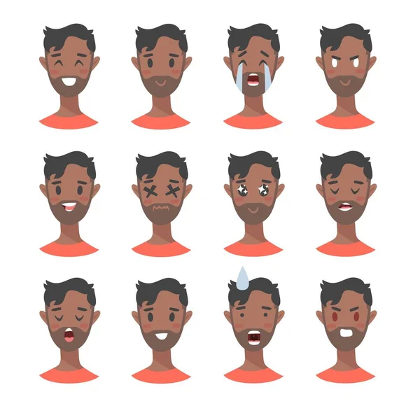 Conjunto de personajes masculinos emoji. Iconos de emoción estilo dibujos animados. Aislados chicos negros avatares con diferentes expresiones faciales. Ilustración plana mens caras emocionales. Vector dibujado a mano — Vector de stock