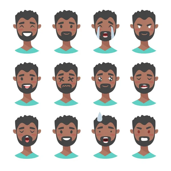 Erkek emoji karakter kümesi. Karikatür tarzı duygu simgeler. Siyah erkek avatarları farklı yüz ifadeleri ile izole. Düz illüstrasyon mens duygusal yüzleri. Elle çizilmiş vektör