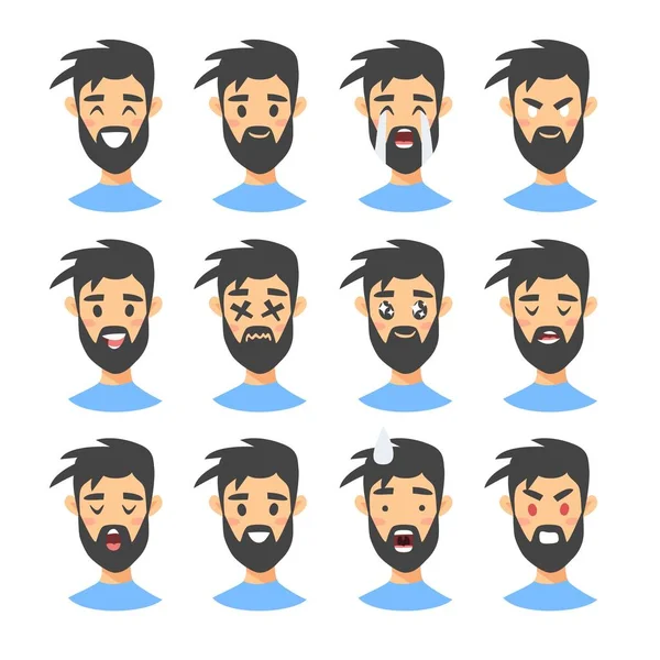 Conjunto de personajes masculinos emoji. Iconos de emoción estilo dibujos animados. Avatares chicos aislados con diferentes expresiones faciales. Ilustración plana hombres caras emocionales. Emoticono dibujado a mano vector dibujo — Archivo Imágenes Vectoriales