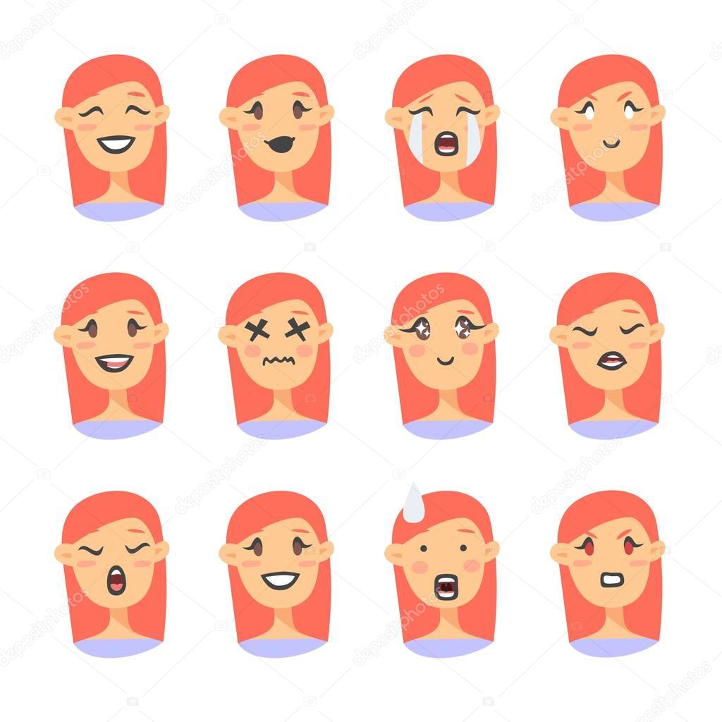 Set of emoji characters. Cartoon style emotion icons. Isolated holopunk girls avatars with different facial expressions. Flat illustration women's emotional faces. Hand drawn vector acid emoticon