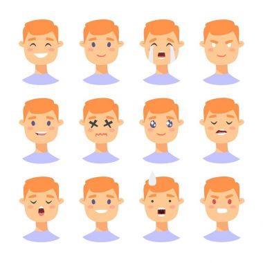 Erkek emoji karakter kümesi. Karikatür tarzı duygu simgeler. Farklı yüz ifadeleri ile izole erkek avatarları. Düz illüstrasyon insanlar duygusal yüzleri. Vektör çizim ifade el çekilmiş