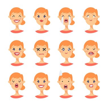 Duygusal karakter kümesi. Karikatür tarzı emoji simgeler. Kız avatarlar farklı yüz ifadeleri ile izole. İllüstrasyon kadın yüzleri düz. Vektör çizim ifade el çekilmiş