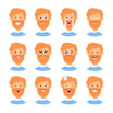 Erkek emoji karakter kümesi. Karikatür tarzı duygu simgeler. Farklı yüz ifadeleri ile izole erkek avatarları. Düz illüstrasyon insanlar duygusal yüzleri. Vektör çizim ifade el çekilmiş