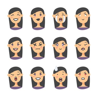 Emoji karakter kümesi. Karikatür tarzı duygu simgeler. Gotik kız avatarları farklı yüz ifadeleri ile izole. Resimde beyaz kadınların duygusal yüzleri düz. Elle çizilmiş vektör ifade