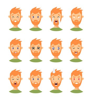 Erkek emoji karakter kümesi. Karikatür tarzı duygu simgeler. Farklı yüz ifadeleri ile izole erkek avatarları. Düz illüstrasyon insanlar duygusal yüzleri. Vektör çizim ifade el çekilmiş