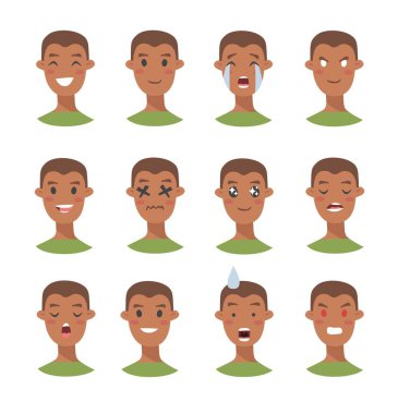 Bir grup erkek emoji karakteri. Çizgi film tarzı duygu simgeleri. İzole edilmiş çocuklar farklı yüz ifadeleri olan avatarlar. Düz resimli erkeklerin duygusal yüzleri. El çizimi vektör simgesi 