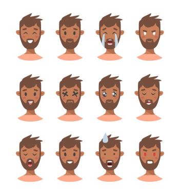 Bir grup erkek emoji karakteri. Çizgi film tarzı duygu simgeleri. İzole edilmiş çocuklar farklı yüz ifadeleri olan avatarlar. Düz resimli erkeklerin duygusal yüzleri. El çizimi vektör simgesi 