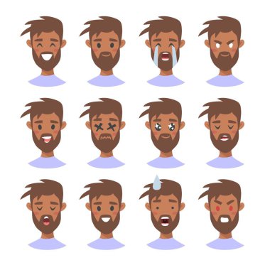 Bir grup erkek emoji karakteri. Çizgi film tarzı duygu simgeleri. İzole edilmiş çocuklar farklı yüz ifadeleri olan avatarlar. Düz resimli erkeklerin duygusal yüzleri. El çizimi vektör simgesi 