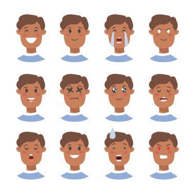 Bir grup erkek emoji karakteri. Çizgi film tarzı duygu simgeleri. İzole edilmiş çocuklar farklı yüz ifadeleri olan avatarlar. Düz resimli erkeklerin duygusal yüzleri. El çizimi vektör simgesi 