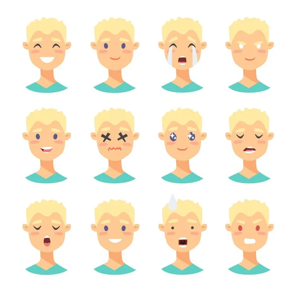 Een stel mannelijke emoji karakters. Cartoon stijl emotie pictogrammen. Geïsoleerde jongens avatars met verschillende gezichtsuitdrukkingen. Platte illustratie mannen emotionele gezichten. Handgetekende vectortekening emoticon — Stockvector