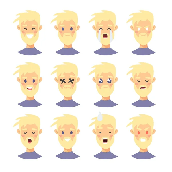 Conjunto de personajes masculinos emoji. Iconos de emoción estilo dibujos animados. Avatares chicos aislados con diferentes expresiones faciales. Ilustración plana caras emocionales de los hombres. Emoticono dibujado a mano vector dibujo — Vector de stock