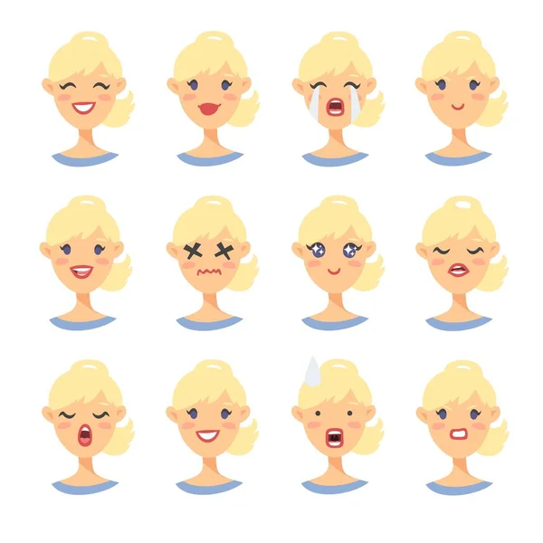 Conjunto de carácter emocional. Iconos emoji estilo dibujos animados. Avatares de chicas aisladas con diferentes expresiones faciales. Ilustración plana caras de las mujeres. Emoticono dibujado a mano vector dibujo — Vector de stock