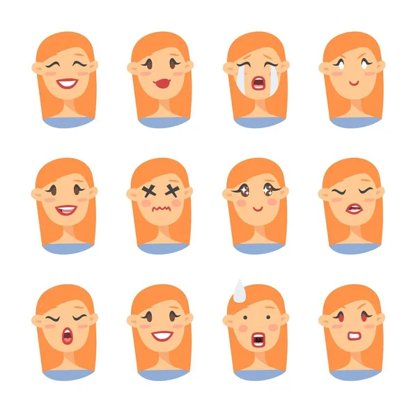 Σύνολο συναισθηματικό χαρακτήρα. Κινουμένων σχεδίων εικονίδια emoji στυλ. Απομονωμένη κορίτσι είδωλα με διαφορετικές εκφράσεις του προσώπου. Επίπεδη απεικόνιση γυναικεία πρόσωπα. Χέρι που σχεδίασης φατσούλα διάνυσμα — Διανυσματικό Αρχείο