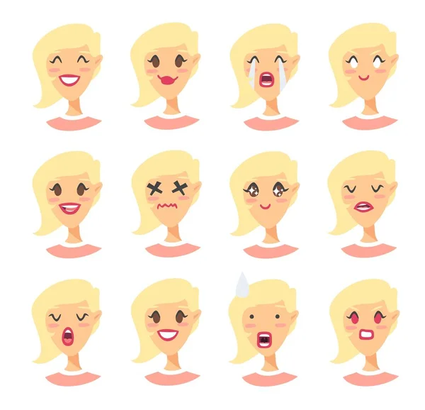 Conjunto de carácter emocional. Iconos emoji estilo dibujos animados. Avatares de chicas aisladas con diferentes expresiones faciales. Ilustración plana caras de las mujeres. Emoticono dibujado a mano vector dibujo — Vector de stock