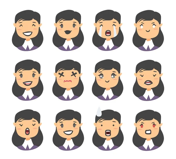 Conjunto de carácter emoji. Iconos de emoción estilo dibujos animados. Avatares de chicas góticas aisladas con diferentes expresiones faciales. Ilustración plana caras emocionales de las mujeres caucásicas. Emoticono vector dibujado a mano — Vector de stock