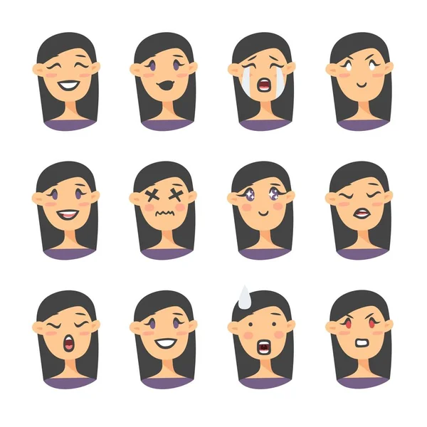 Emoji karakter kümesi. Karikatür tarzı duygu simgeler. Gotik kız avatarları farklı yüz ifadeleri ile izole. Resimde beyaz kadınların duygusal yüzleri düz. Elle çizilmiş vektör ifade