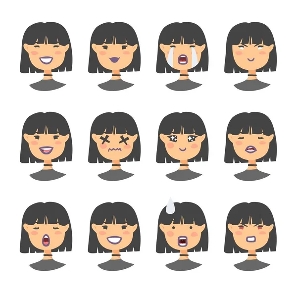 Emoji 문자 집합입니다. 만화 스타일 감정 아이콘입니다. 다른 얼굴 표정으로 격리 된 고딕 소녀 아바타입니다. 평평한 그림 아시아 여자의 정서 얼굴. 손으로 그린 벡터 드로잉 이모티콘 — 스톡 벡터