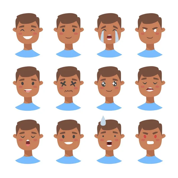 Conjunto de personajes masculinos emoji. Iconos de emoción estilo dibujos animados. Avatares chicos aislados con diferentes expresiones faciales. Ilustración plana caras emocionales de los hombres. Emoticono dibujado a mano vector dibujo — Vector de stock