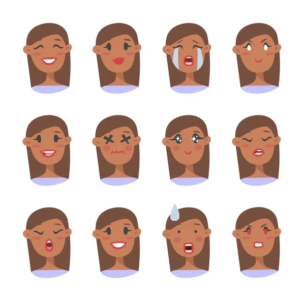 Set van emotionele karakter. Cartoon stijl emotie iconen. Geïsoleerde zwarte meisje avatars met verschillende gezichtsuitdrukkingen. Vlakke afbeelding vrouwen gezichten. Hand getekend vector tekening emoji — Stockvector