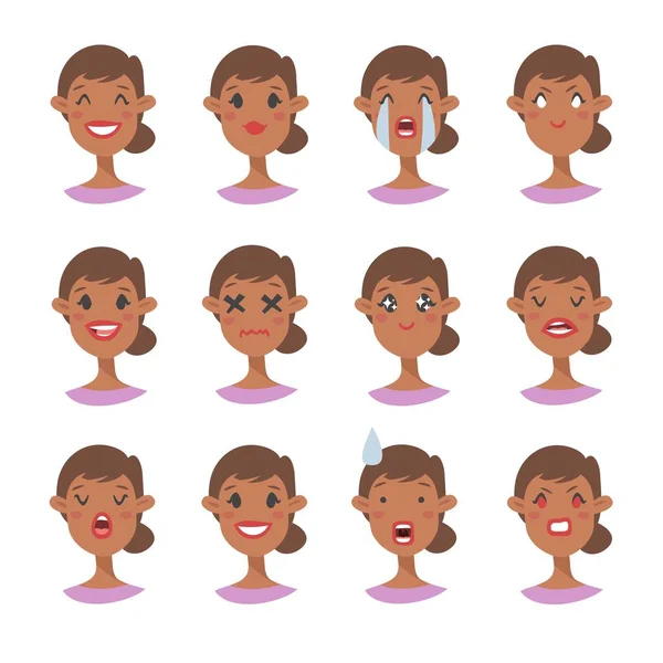 감정적인 특성의 집합입니다. 만화 스타일 감정 아이콘입니다. 다른 얼굴 표정으로 격리 된 흑인 여자 아바타입니다. 평평한 그림 여자의 얼굴. 손으로 그린 벡터 드로잉 emoji — 스톡 벡터