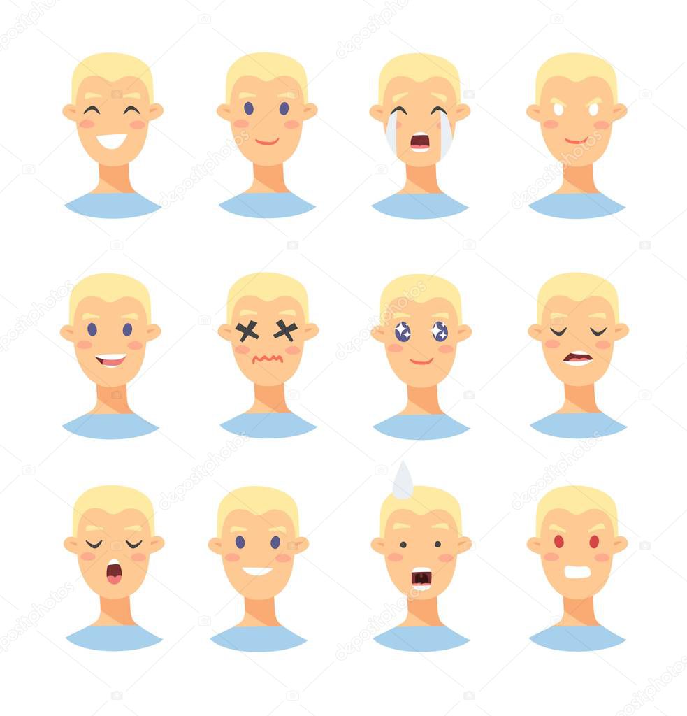 Set of male emoji characters. Cartoon style emotion icons. Isolated boys avatars with different facial expressions. Flat illustration men's emotional faces. Hand drawn vector drawing emoticon