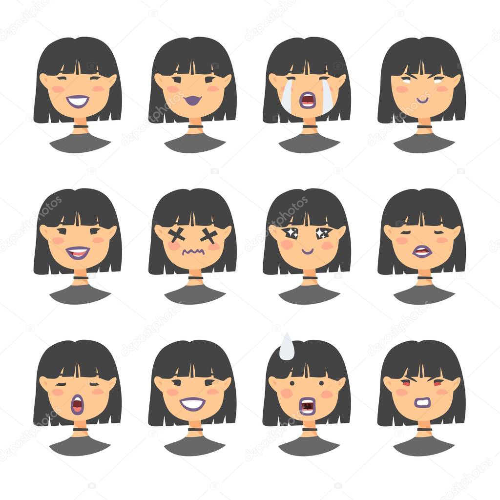 Set of emoji character. Cartoon style emotion icons. Isolated gothic girl avatars with different facial expressions. Flat illustration asian women's emotional faces. Hand drawn vector drawing emoticon
