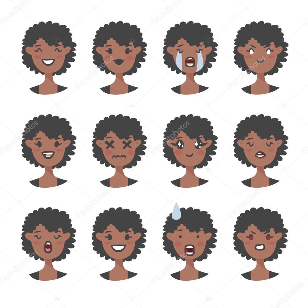 Set of emoji character. Cartoon style emotion icons. Isolated gothic girl avatars with different facial expressions. Flat illustration african women's emotional faces. Hand drawn vector emoticon