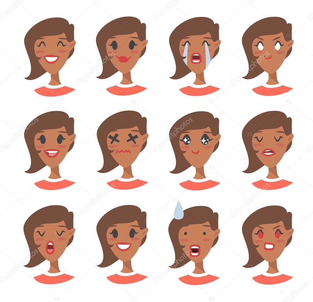 Set of emotional character. Cartoon style emotion icons. Isolated black girl avatars with different facial expressions. Flat illustration women's faces. Hand drawn vector drawing emoji