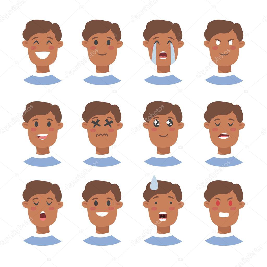 Set of male emoji characters. Cartoon style emotion icons. Isolated boys avatars with different facial expressions. Flat illustration men's emotional faces. Hand drawn vector drawing emoticon 